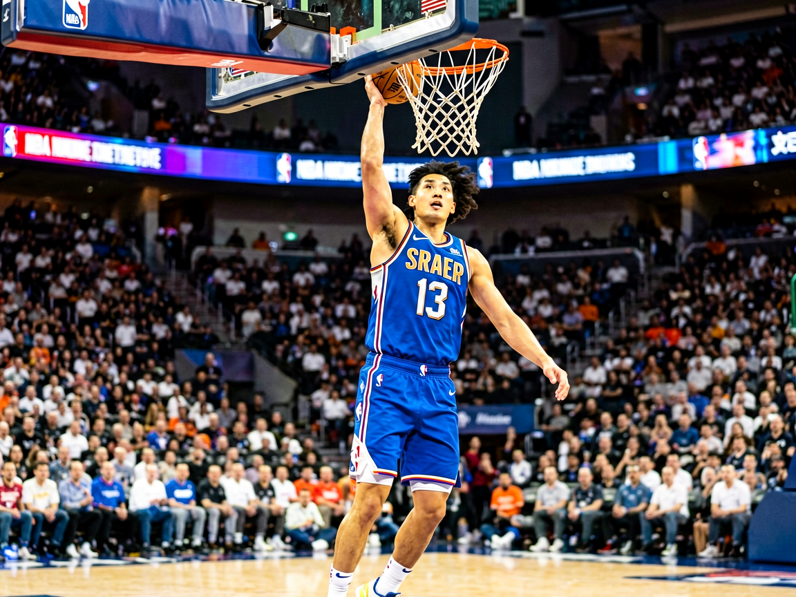 篮球赛事资讯封面图，展示NBA比赛中球员扣篮的精彩瞬间